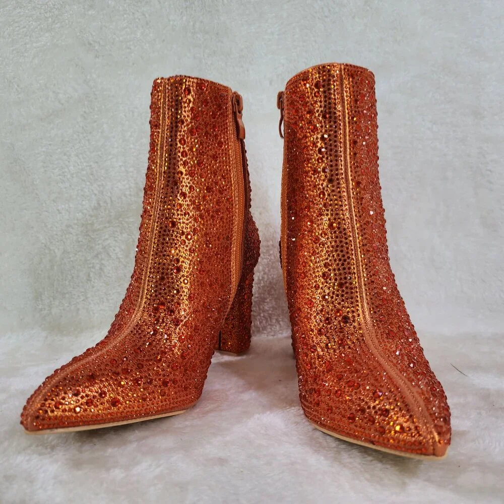 RESTOCKED! Metallic Orange Rhinestone Ankle Boots with 3" Block Heel - Picture 8 of 8